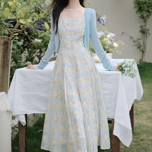 Sleeveless Square Neck Floral Print Midi A-Line Dress / Plain Open Front Crop Cardigan / Set