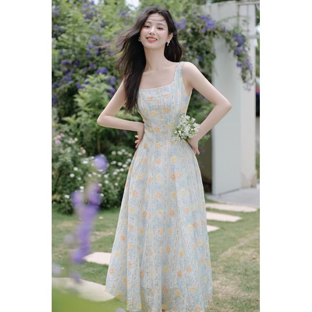 Sleeveless Square Neck Floral Print Midi A-Line Dress / Plain Open Front Crop Cardigan / Set