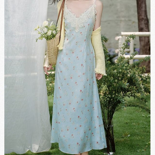 Spaghetti Strap V-Neck Floral Print Maxi A-Line Dress / Plain Cardigan