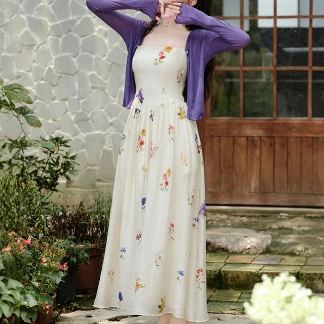 Spaghetti Strap Floral Print Maxi A-Line Dress / Plain Cardigan / Set