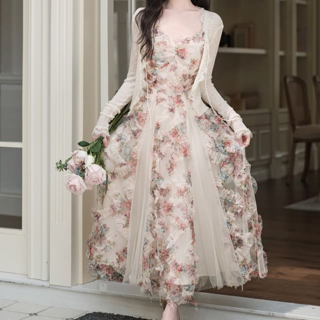 Spaghetti Strap Floral Print Maxi A-Line Dress / Plain Cardigan / Set