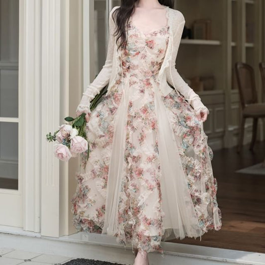 Spaghetti Strap Floral Print Maxi A-Line Dress / Plain Cardigan / Set