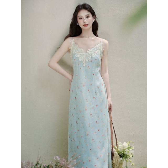 Spaghetti Strap V-Neck Floral Print Maxi A-Line Dress / Plain Cardigan