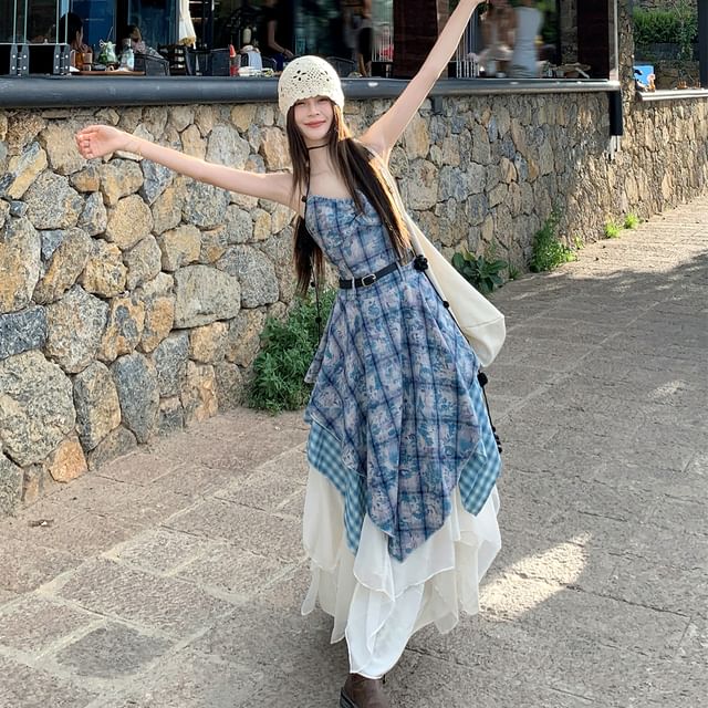 Spaghetti Strap Plaid A-Line Dress / Maxi A-Line Skirt / Belt / Set
