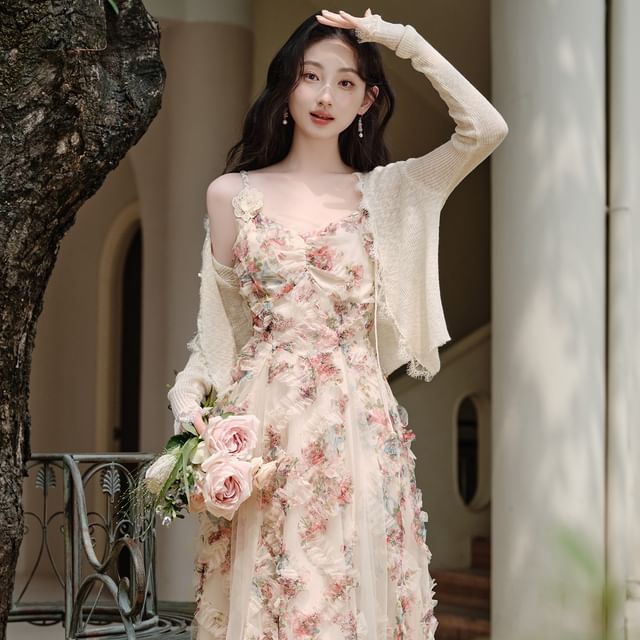Spaghetti Strap Floral Print Maxi A-Line Dress / Plain Cardigan / Set
