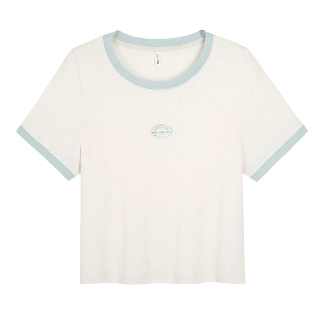 Short-Sleeve Crew Neck Lettering Embroidered Contrast Trim Tee
