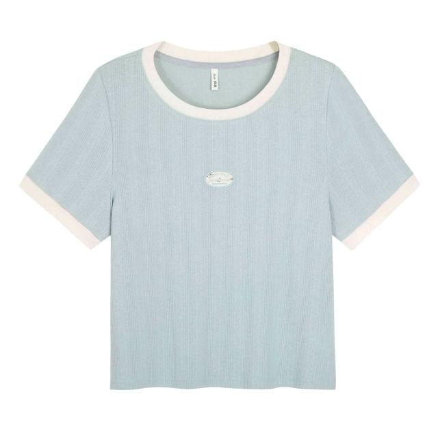 Short-Sleeve Crew Neck Lettering Embroidered Contrast Trim Tee