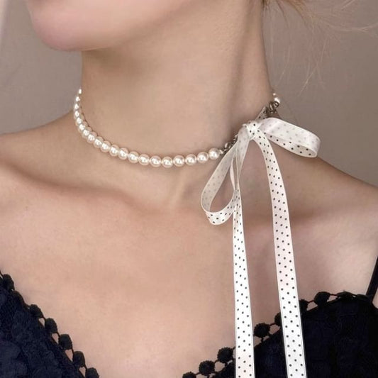Ribbon Dotted Beaded Necklace