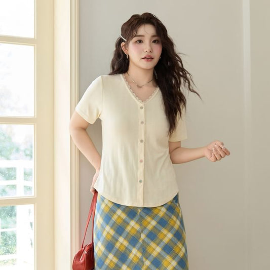 Short-Sleeve V-Neck Button-Up Plain Top