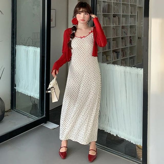 Spaghetti Strap Floral Print Maxi Dress / Plain Crop Cardigan