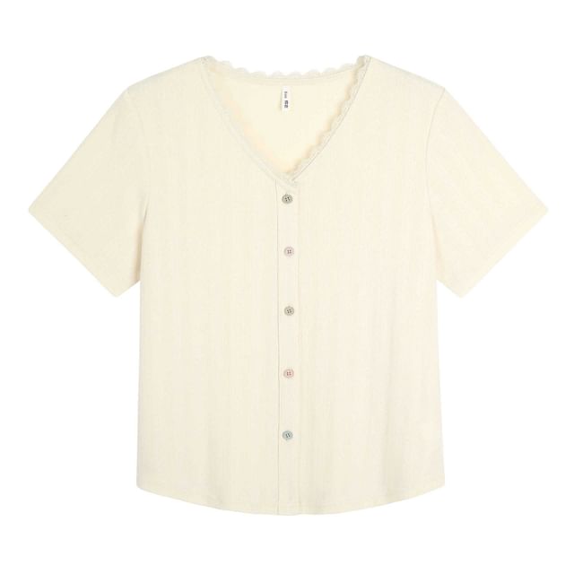 Short-Sleeve V-Neck Button-Up Plain Top