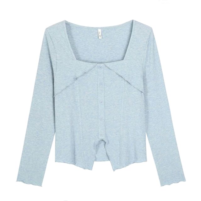 Long-Sleeve Square Neck Button-Up Plain Top