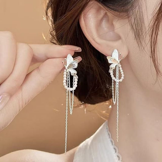 Earring Pearl Faux Fringed Butterfly Drop
