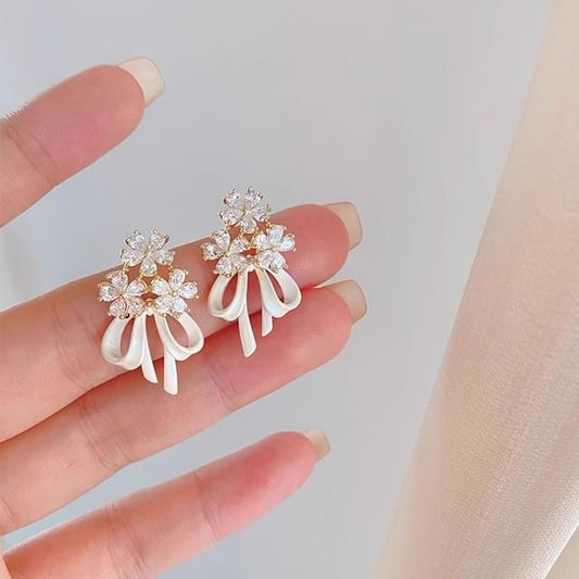Flower Drop Rhinestone Earring Bow