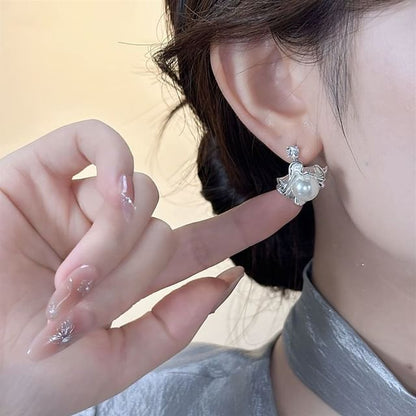 Drop Earring Pearl Rhinestone Faux Ginkgo