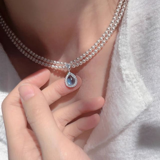 Gemstone Pendant Layered Faux Necklace Pearl