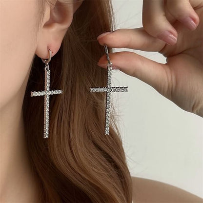 Cross Drop Huggie Earring Rhinestone