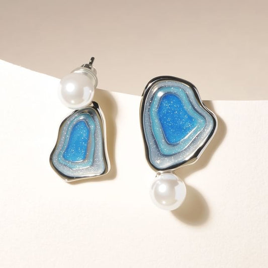 Faux Drop Glitter Asymmetrical Earring Pearl