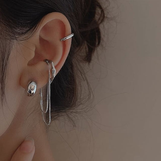 925 + Sterling Chain Cuff Silver Ear Earring Plain Set: Hoop