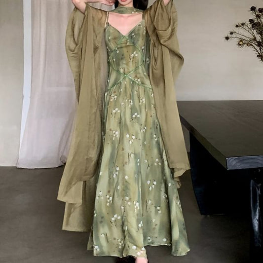 Spaghetti Strap V-Neck Floral Print Maxi A-Line Dress / Plain Open Front Long Light Jacket / Skinny Scarf / Set
