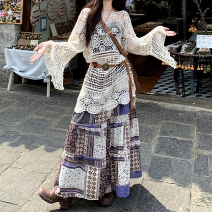 Long-Sleeve Boat Neck Crochet Knit Top / Elastic Waist Patterned Midi A-Line Skirt / String Belt / Set