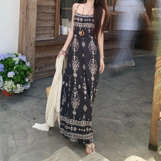 Spaghetti Strap Floral Print Maxi A-Line Dress / Plain Perforated One-Buttoned Cardigan / Set