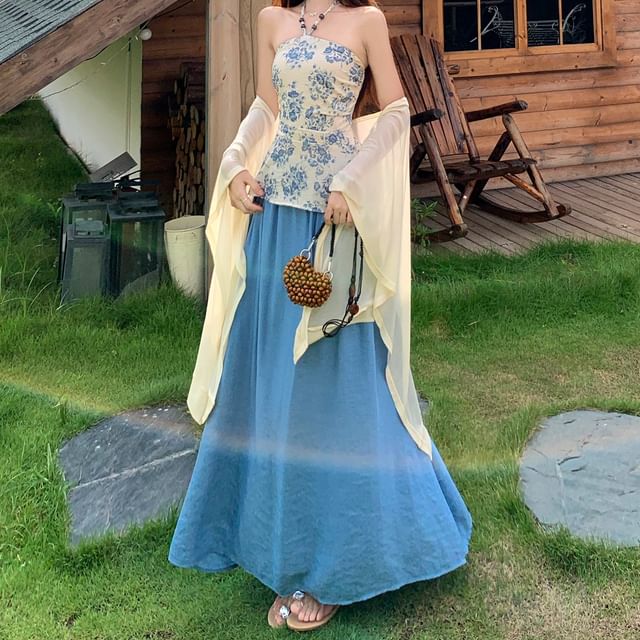 Halter Neck Floral Print Beaded Slim Fit Top / High Rise Plain Maxi A-Line Skirt / Shawl / Set