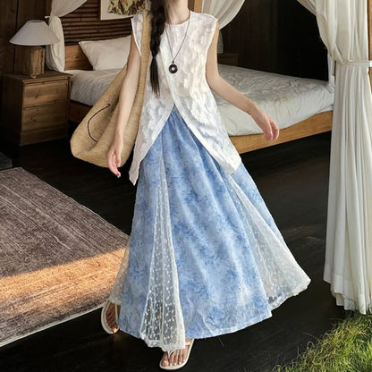 High Waist Floral Print Lace Panel Maxi A-Line Skirt / Sleeveless Crew Neck Jacquard Sheer Slit Top / Camisole Top / Set