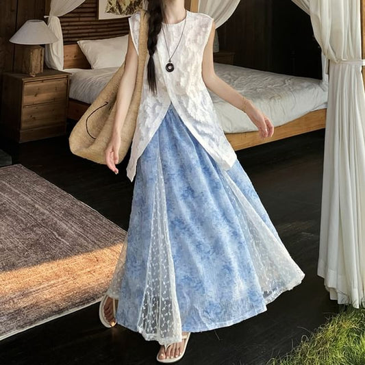 High Waist Floral Print Lace Panel Maxi A-Line Skirt / Sleeveless Crew Neck Jacquard Sheer Slit Top / Camisole Top / Set