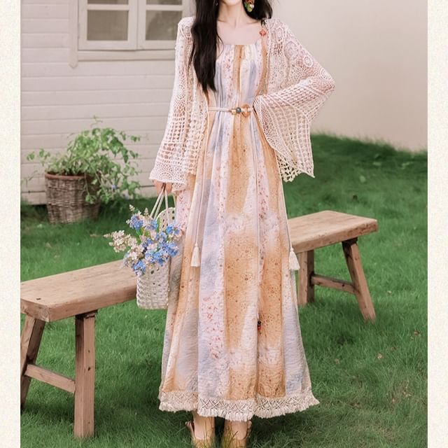 Spaghetti Strap Scoop Neck Floral Print Fringed Maxi A-Line Dress / Tie Front Crochet Knit Cardigan / Set