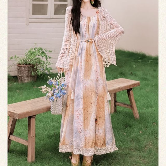 Spaghetti Strap Scoop Neck Floral Print Fringed Maxi A-Line Dress / Tie Front Crochet Knit Cardigan / Set