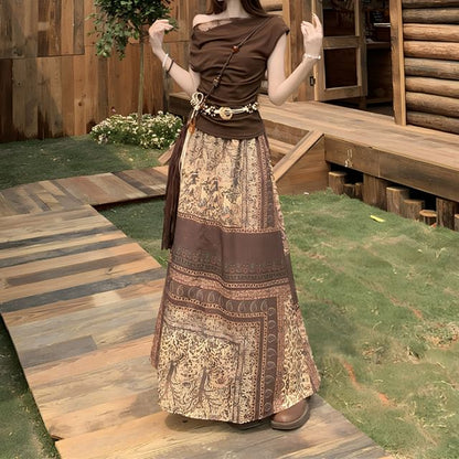 Cap-Sleeve Off-Shoulder Lace Panel Ruched Crop Top / High Waist Paisley Print Maxi A-Line Skirt / String Belt / Set