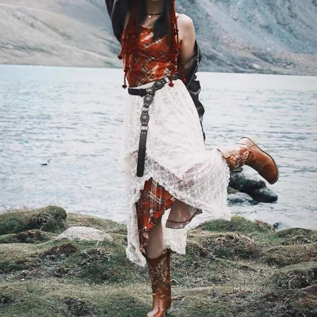 Collared Zip-Up Plain Jacket / Spaghetti Strap Plaid Midi A-Line Dress / High Rise Asymmetrical Layered Lace Skirt / Fringed Bonnet Hat / Belt / Set