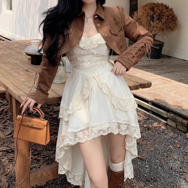 Spaghetti Strap Plain Lace Trim Fringed High Low A-Line Dress / Collared Button-Up Plain Crop Jacket / Set