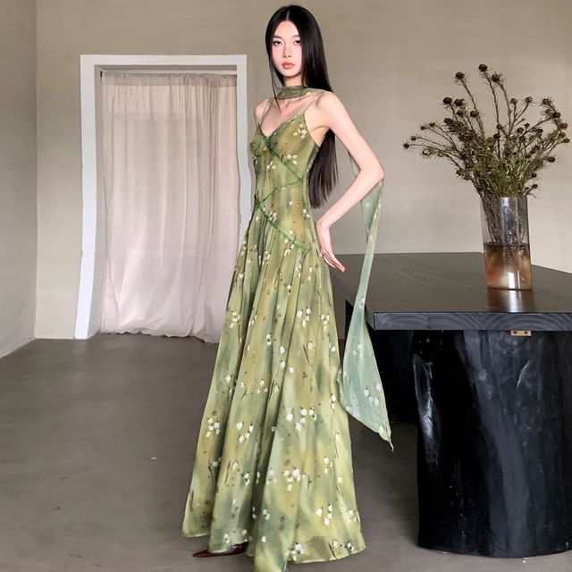 Spaghetti Strap V-Neck Floral Print Maxi A-Line Dress / Plain Open Front Long Light Jacket / Skinny Scarf / Set