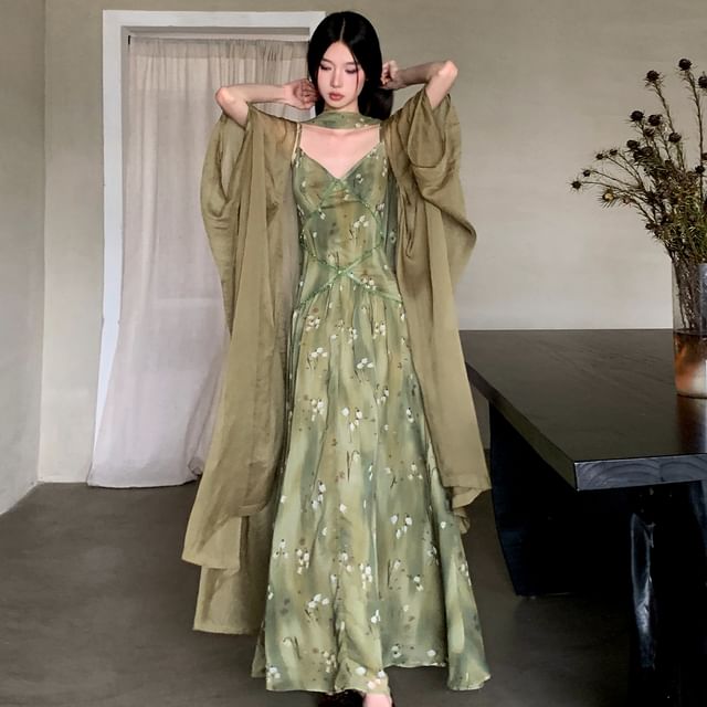 Spaghetti Strap V-Neck Floral Print Maxi A-Line Dress / Plain Open Front Long Light Jacket / Skinny Scarf / Set