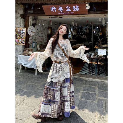 Long-Sleeve Boat Neck Crochet Knit Top / Elastic Waist Patterned Midi A-Line Skirt / String Belt / Set