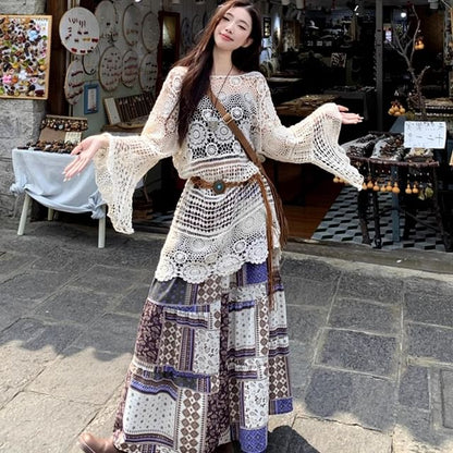 Long-Sleeve Boat Neck Crochet Knit Top / Elastic Waist Patterned Midi A-Line Skirt / String Belt / Set