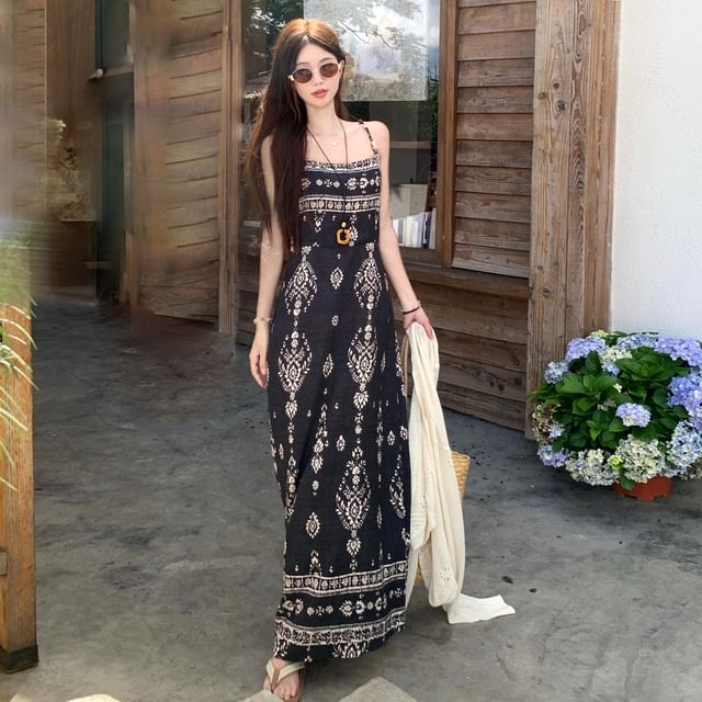 Spaghetti Strap Floral Print Maxi A-Line Dress / Plain Perforated One-Buttoned Cardigan / Set