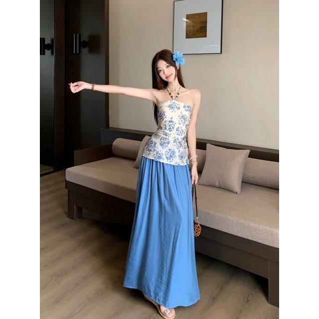 Halter Neck Floral Print Beaded Slim Fit Top / High Rise Plain Maxi A-Line Skirt / Shawl / Set