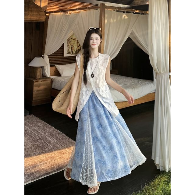High Waist Floral Print Lace Panel Maxi A-Line Skirt / Sleeveless Crew Neck Jacquard Sheer Slit Top / Camisole Top / Set