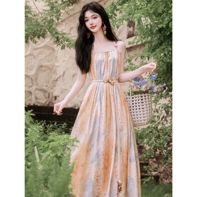 Spaghetti Strap Scoop Neck Floral Print Fringed Maxi A-Line Dress / Tie Front Crochet Knit Cardigan / Set