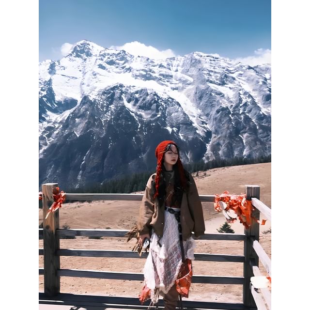 Collared Zip-Up Plain Jacket / Spaghetti Strap Plaid Midi A-Line Dress / High Rise Asymmetrical Layered Lace Skirt / Fringed Bonnet Hat / Belt / Set