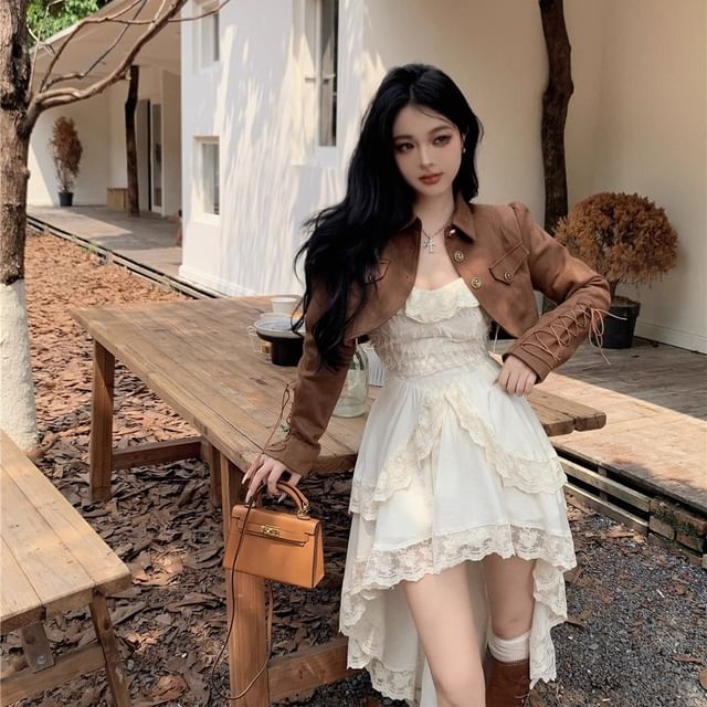 Spaghetti Strap Plain Lace Trim Fringed High Low A-Line Dress / Collared Button-Up Plain Crop Jacket / Set