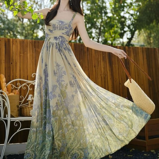 Wide Strap Floral Print Midi A-Line Dress / Cardigan / Set