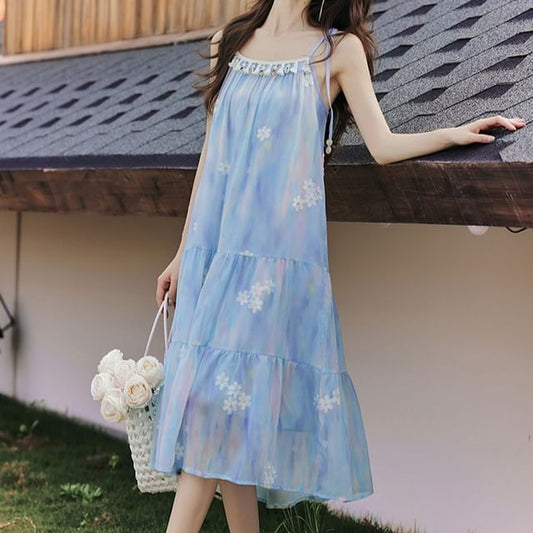 Tie-Shoulder Floral Print Midi A-Line Tiered Dress / Crochet Lace Cardigan / Set