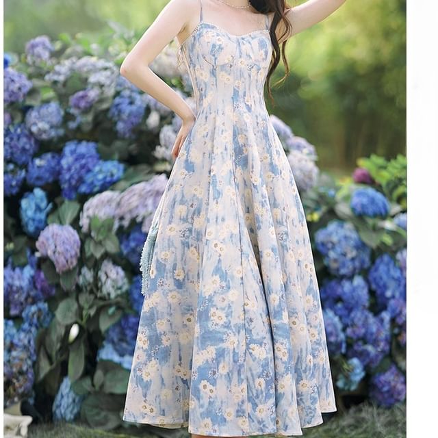 Spaghetti Strap Floral Print Midi A-Line Dress / Cardigan / Set