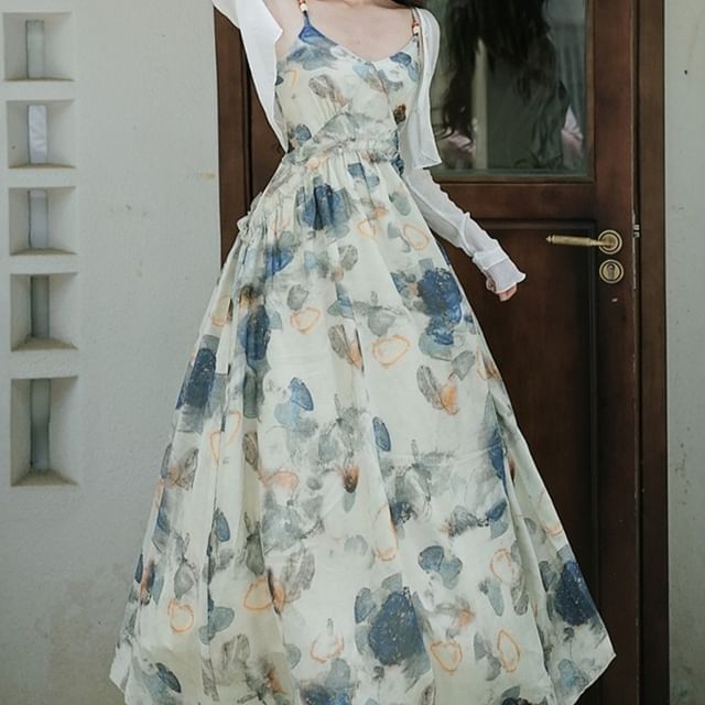 Spaghetti Strap Floral Print Ruffled Midi A-Line Dress / Cardigan / Set