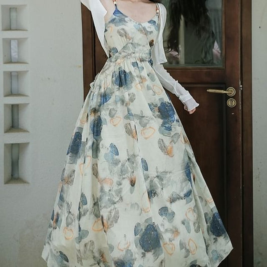 Spaghetti Strap Floral Print Ruffled Midi A-Line Dress / Cardigan / Set