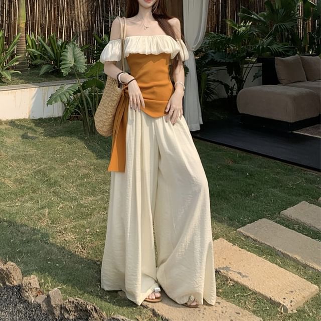 Off-Shoulder Two-Tone Asymmetrical Top / High Rise Wide Leg Pants / Set